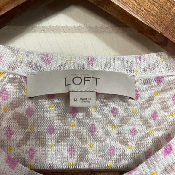 LOFT Womens White Geometric Floral Button Up Ribbed Cuff Cardigan Sweater Medium - Picture 2 of 6